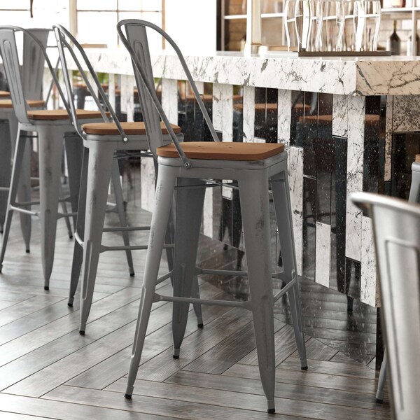 Flash Furniture Clear Coat Metal Bar Stool & Teak Poly Seat XU-DG-TP001B-30-PL1T-GG - main